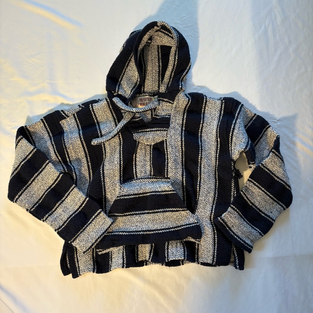 Mexican Baja Hoodie Pullover Jacket Poncho Striped Blue White Size L